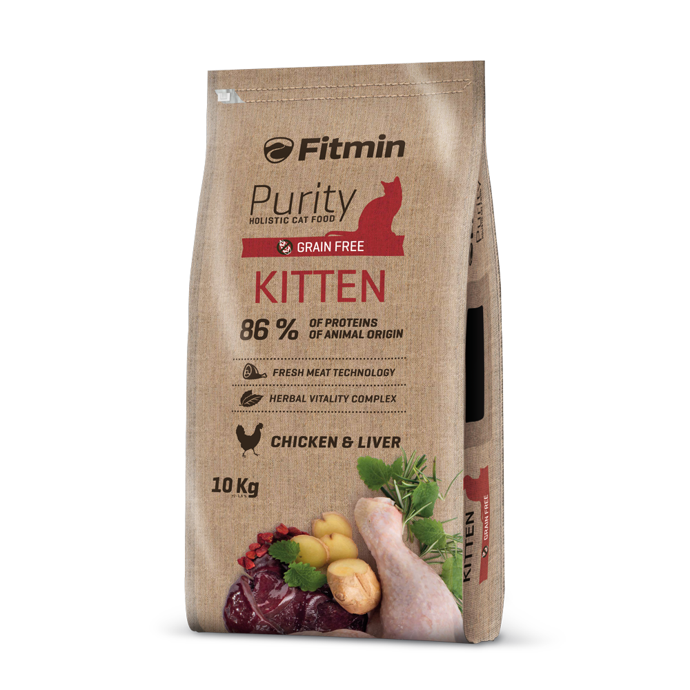 A large 10kg professional-sized bag of Fitmin Purity Kitten holistic cat food. The design emphasizes its grain-free formula and "Chicken & Liver" recipe, enriched with a herbal vitality complex for growing kittens and nursing mothers.