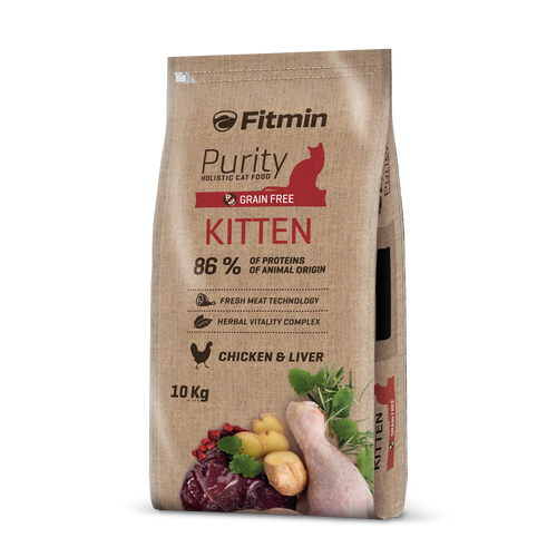 A large 10kg professional-sized bag of Fitmin Purity Kitten holistic cat food. The design emphasizes its grain-free formula and "Chicken & Liver" recipe, enriched with a herbal vitality complex for growing kittens and nursing mothers.