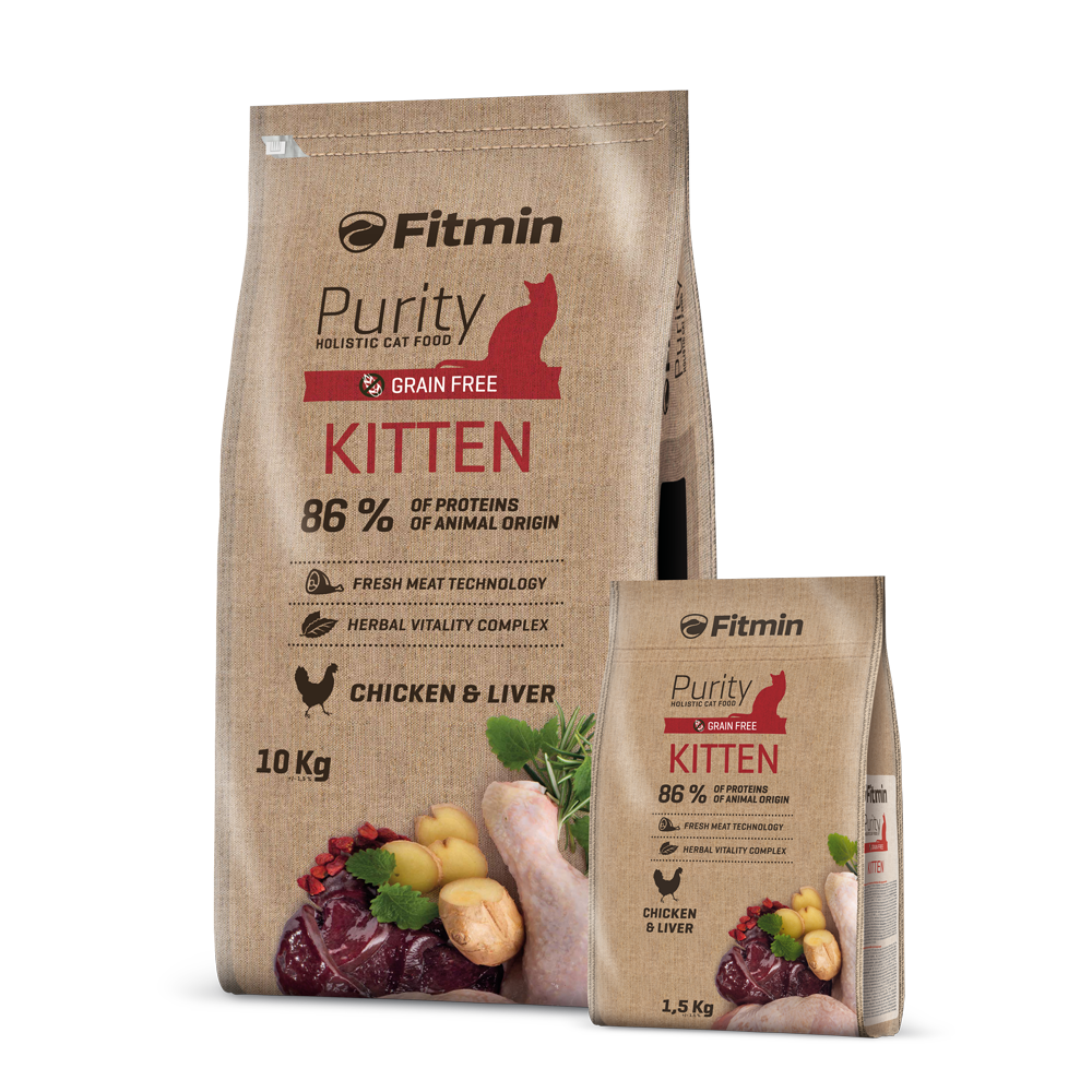 A product bundle featuring both the 10kg and 1.5kg bags of Fitmin Purity Kitten. This grain-free, holistic food uses fresh meat technology to provide high-quality nutrition for kittens and pregnant cats.