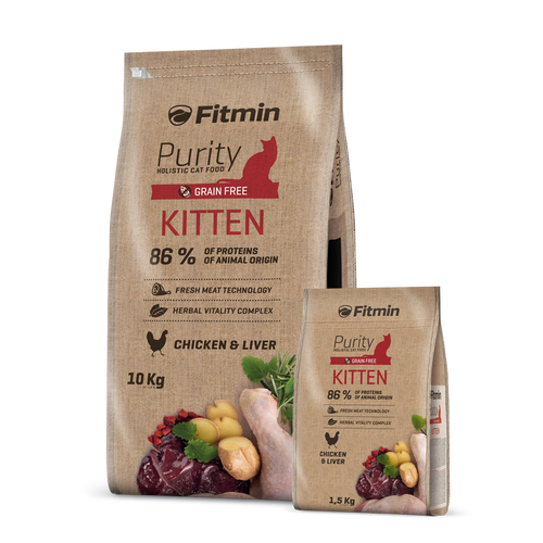 A product bundle featuring both the 10kg and 1.5kg bags of Fitmin Purity Kitten. This grain-free, holistic food uses fresh meat technology to provide high-quality nutrition for kittens and pregnant cats.