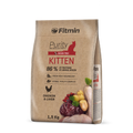 A 1.5kg bag of Fitmin Purity Kitten dry food. The burlap-textured packaging features a red cat silhouette and illustrations of fresh chicken, pork liver, ginger, and goji berries. It highlights "86% proteins of animal origin" and "Fresh Meat Technology."