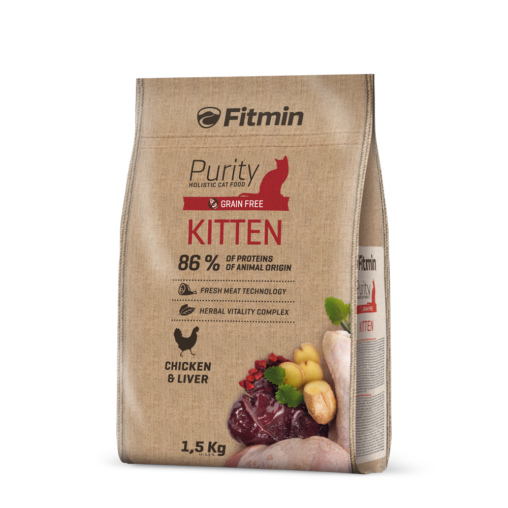 A 1.5kg bag of Fitmin Purity Kitten dry food. The burlap-textured packaging features a red cat silhouette and illustrations of fresh chicken, pork liver, ginger, and goji berries. It highlights "86% proteins of animal origin" and "Fresh Meat Technology."