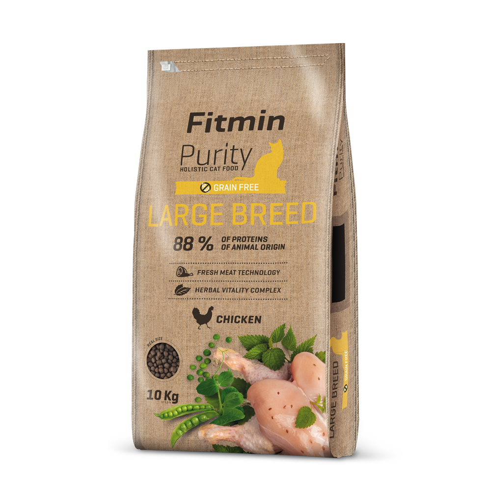 A 10kg professional-sized bag of Fitmin Purity Large Breed grain-free cat food. The label emphasizes a high animal protein content of 88% and a chicken-based recipe, tailored specifically for the nutritional needs of large cat breeds.