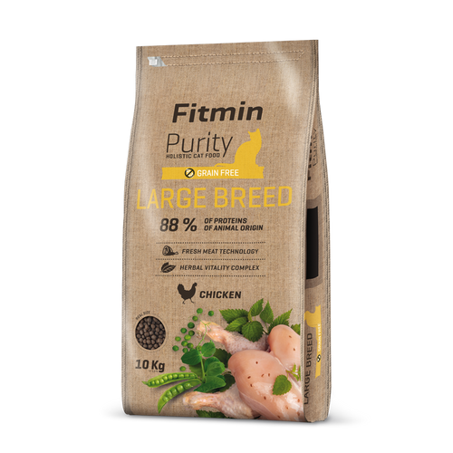 A 10kg professional-sized bag of Fitmin Purity Large Breed grain-free cat food. The label emphasizes a high animal protein content of 88% and a chicken-based recipe, tailored specifically for the nutritional needs of large cat breeds.