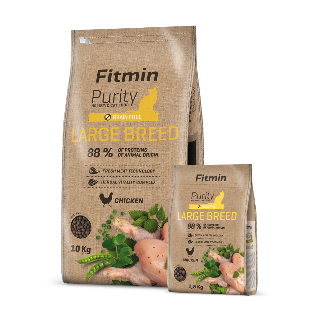A product display showing both 10kg and 1.5kg bags of Fitmin Purity Large Breed. This holistic, grain-free food is designed with an 88% animal protein ratio and includes a herbal vitality complex for optimal feline health.