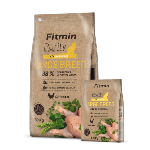 A product display showing both 10kg and 1.5kg bags of Fitmin Purity Large Breed. This holistic, grain-free food is designed with an 88% animal protein ratio and includes a herbal vitality complex for optimal feline health.
