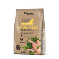 A 1.5kg bag of Fitmin Purity Large Breed holistic cat food. The burlap-style packaging features a yellow cat silhouette and highlights "88% proteins of animal origin" and "Fresh Meat Technology," with illustrations of fresh chicken and peas.