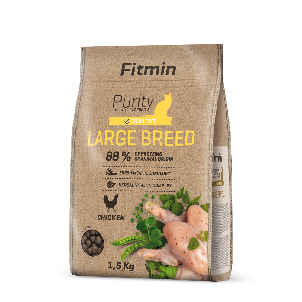 A 1.5kg bag of Fitmin Purity Large Breed holistic cat food. The burlap-style packaging features a yellow cat silhouette and highlights "88% proteins of animal origin" and "Fresh Meat Technology," with illustrations of fresh chicken and peas.