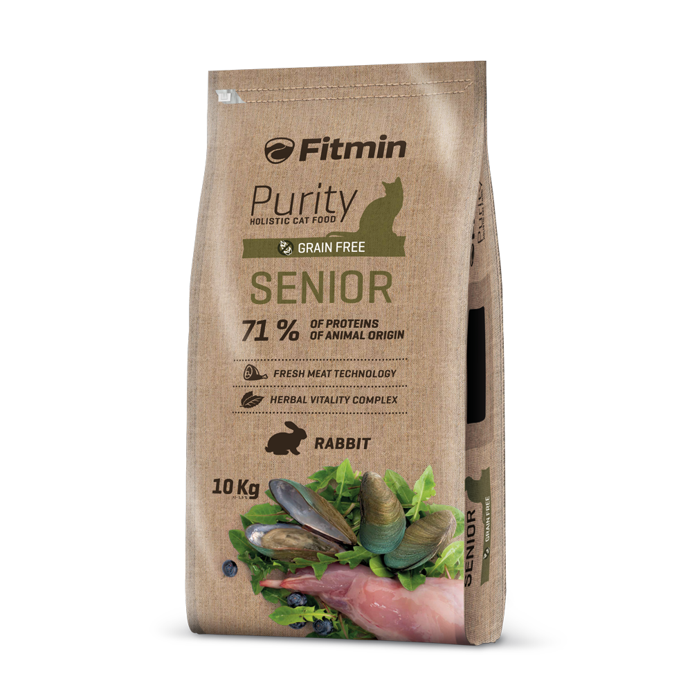A large 10kg bag of Fitmin Purity Senior dry food. The burlap-textured packaging features illustrations of fresh rabbit meat, green-lipped mussels, and blueberries, emphasizing its tailored nutrition for senior cats over 7 years old.