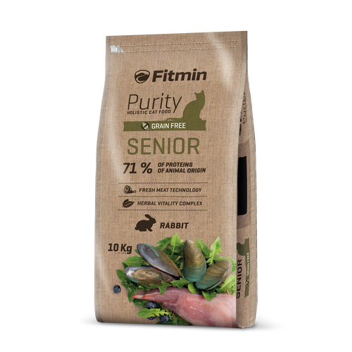A large 10kg bag of Fitmin Purity Senior dry food. The burlap-textured packaging features illustrations of fresh rabbit meat, green-lipped mussels, and blueberries, emphasizing its tailored nutrition for senior cats over 7 years old.