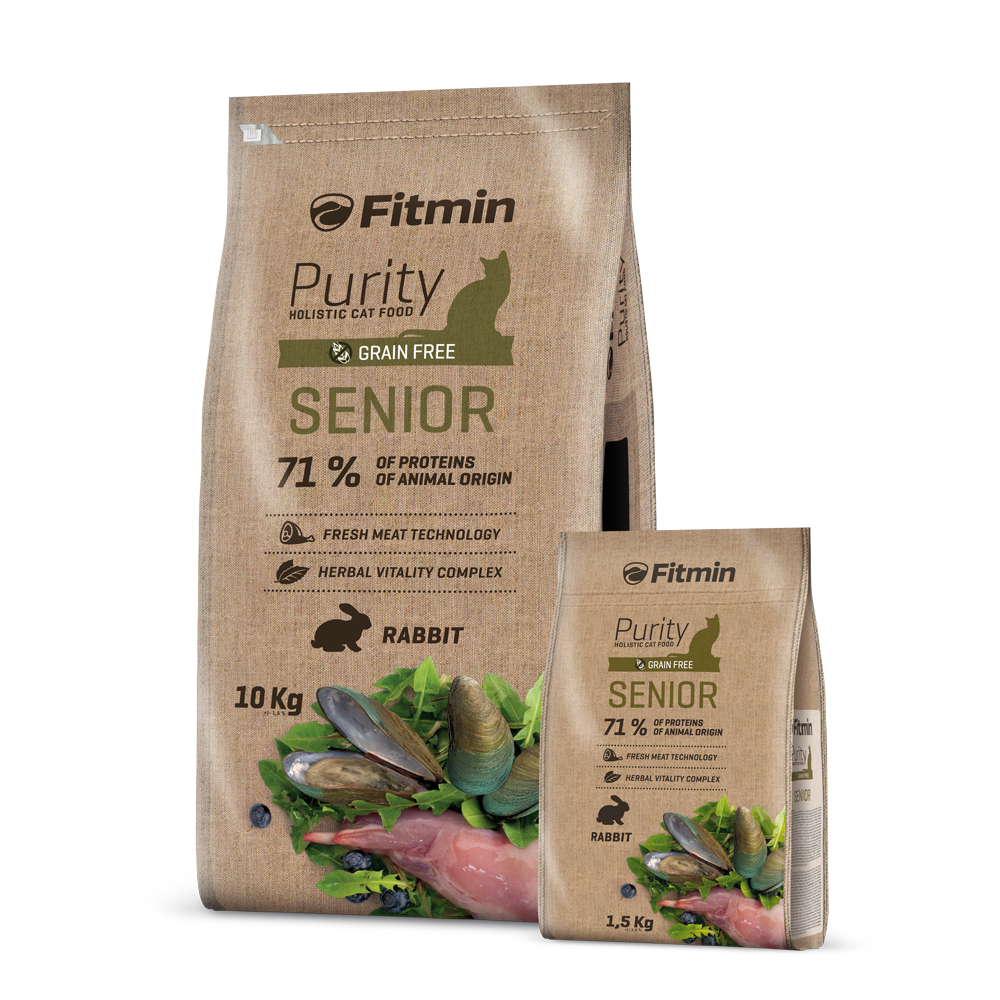 A product display showing both 10kg and 1.5kg bags of Fitmin Purity Senior holistic cat food. The grain-free recipe highlights 71% animal protein and a rabbit-based formula, enriched with green-lipped mussels and herbs for aging cats.