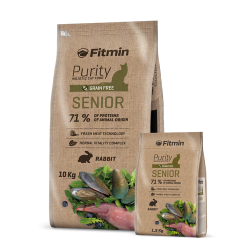 A product display showing both 10kg and 1.5kg bags of Fitmin Purity Senior holistic cat food. The grain-free recipe highlights 71% animal protein and a rabbit-based formula, enriched with green-lipped mussels and herbs for aging cats.