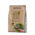 A 1.5kg bag of Fitmin Purity Senior cat food. The label specifies "71% proteins of animal origin" and "Fresh Meat Technology," highlighting rabbit as the primary protein source for high digestibility in mature cats.