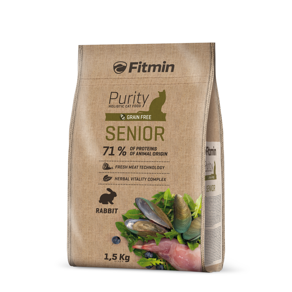 A 1.5kg bag of Fitmin Purity Senior cat food. The label specifies "71% proteins of animal origin" and "Fresh Meat Technology," highlighting rabbit as the primary protein source for high digestibility in mature cats.
