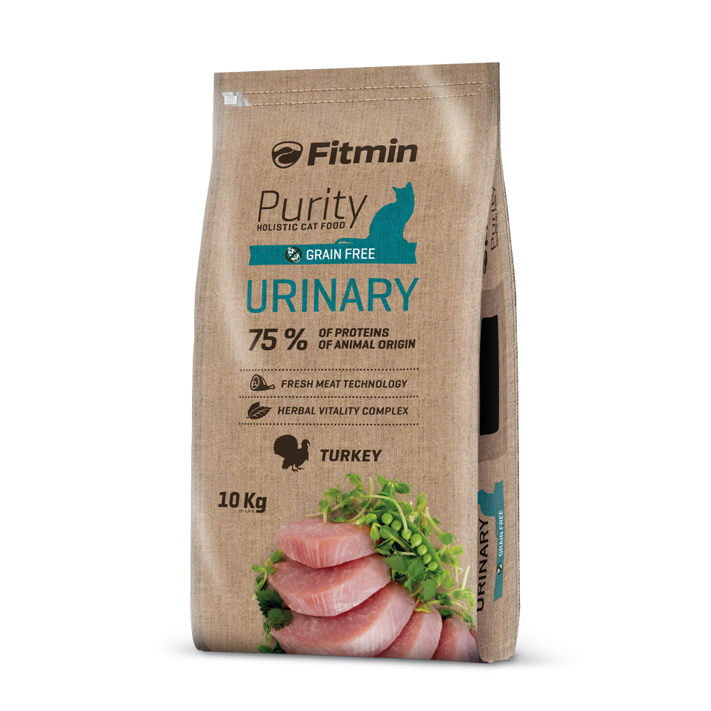A large 10kg professional bag of Fitmin Purity Urinary grain-free cat food. The label emphasizes a high animal protein content of 75% and a turkey-based recipe specifically formulated for adult cats with urinary sensitivities.