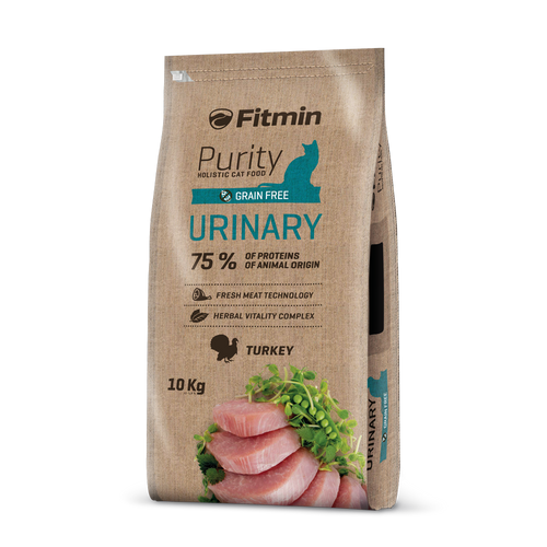 A large 10kg professional bag of Fitmin Purity Urinary grain-free cat food. The label emphasizes a high animal protein content of 75% and a turkey-based recipe specifically formulated for adult cats with urinary sensitivities.