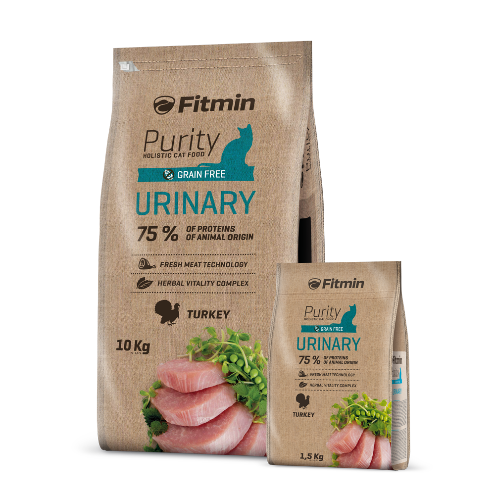 A product bundle featuring both 10kg and 1.5kg bags of Fitmin Purity Urinary. This grain-free, holistic food is designed with a 75% animal protein ratio and includes a herbal vitality complex to support a healthy urinary tract.