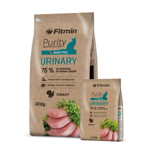 A product bundle featuring both 10kg and 1.5kg bags of Fitmin Purity Urinary. This grain-free, holistic food is designed with a 75% animal protein ratio and includes a herbal vitality complex to support a healthy urinary tract.
