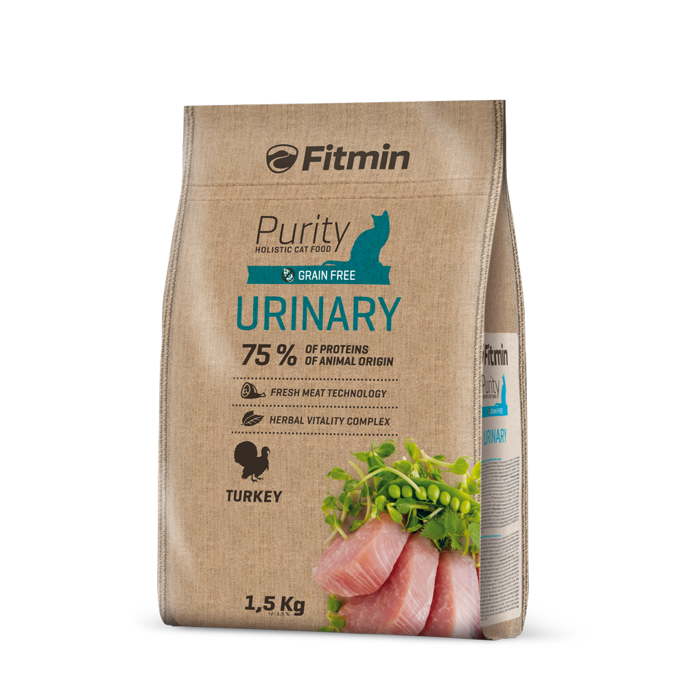 A 1.5kg bag of Fitmin Purity Urinary holistic cat food. The burlap-style packaging features a teal cat silhouette and highlights "75% proteins of animal origin" and "Fresh Meat Technology," with illustrations of fresh turkey and cranberries.