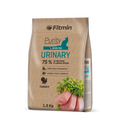 A 1.5kg bag of Fitmin Purity Urinary holistic cat food. The burlap-style packaging features a teal cat silhouette and highlights "75% proteins of animal origin" and "Fresh Meat Technology," with illustrations of fresh turkey and cranberries.