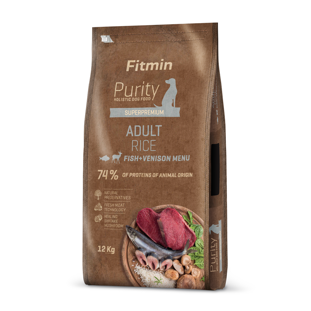 Fitmin Dog Purity Rice Adult Fish & Venison 12kg - Hypoallergenic Dry Dog Food for Sensitive Digestion with Fresh Venison and Milk Thistle.