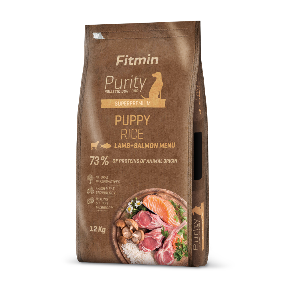 Fitmin Dog Purity Rice Puppy Lamb & Salmon bag - Holistic high-protein puppy nutrition.