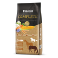 A 15kg bag of Fitmin Horse Complete supplementary feed featuring a dark grey and burlap-textured design. The packaging displays a central graphic of fresh apples, carrots, corn, and flax flowers, alongside horse silhouettes and icons for balanced composition, health, performance, and longevity.