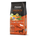 Fitmin Horse Energy supplementary feed packaging featuring a vibrant orange and dark grey theme. The design shows fresh ingredients like corn, carrots, and flax alongside horse silhouettes and high-energy performance icons.