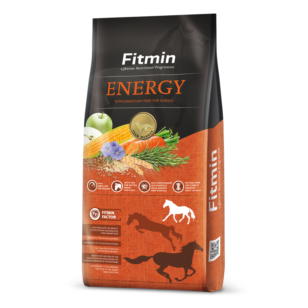 Fitmin Horse Energy supplementary feed packaging featuring a vibrant orange and dark grey theme. The design shows fresh ingredients like corn, carrots, and flax alongside horse silhouettes and high-energy performance icons.