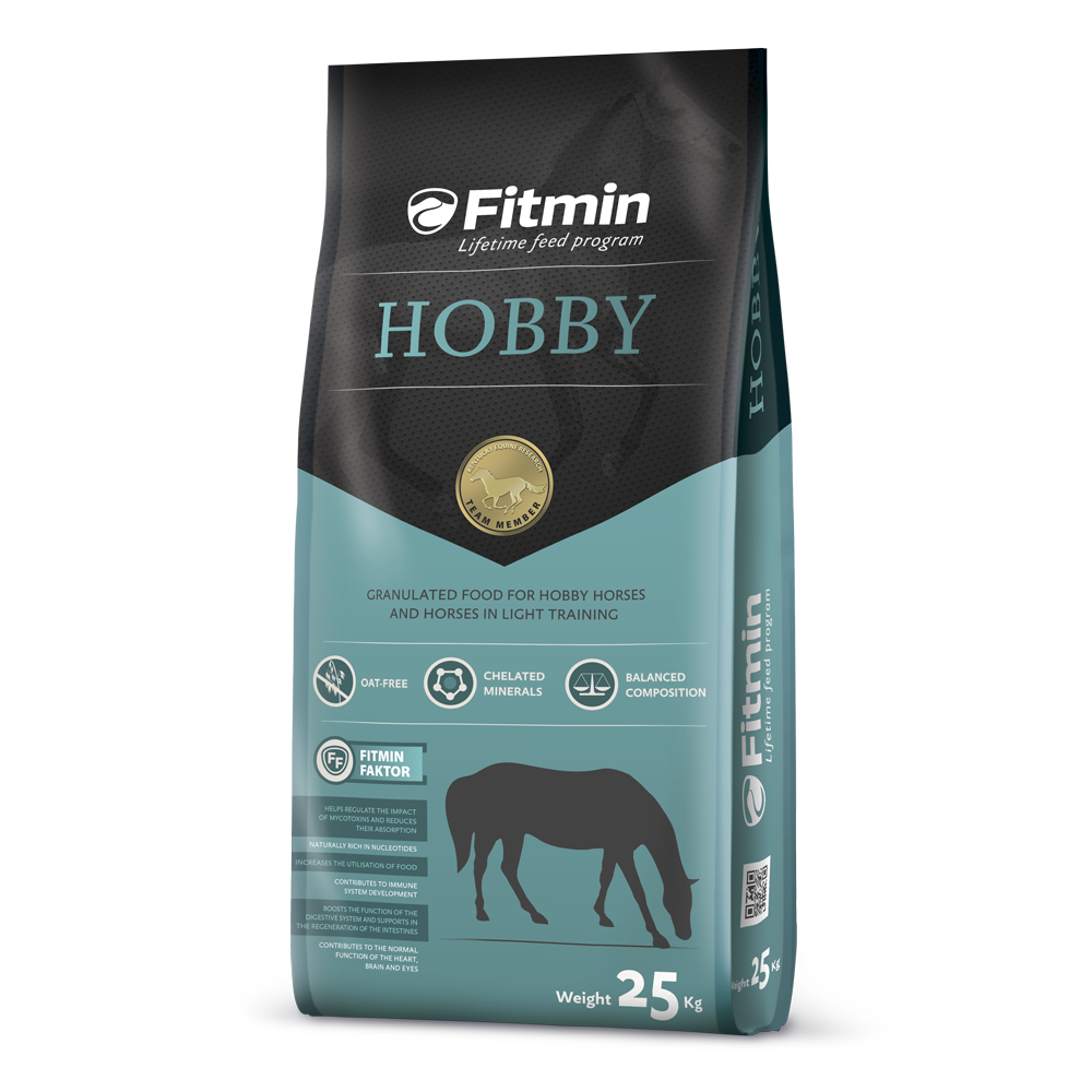 A 25kg bag of Fitmin Horse Hobby granulated feed, featuring a teal and dark grey design. The packaging specifies it is an "Oat-Free" formula for hobby horses and those in light training, highlighting core features like chelated minerals, balanced composition, and the Fitmin Faktor for digestive support.