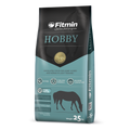 A 25kg bag of Fitmin Horse Hobby granulated feed, featuring a teal and dark grey design. The packaging specifies it is an "Oat-Free" formula for hobby horses and those in light training, highlighting core features like chelated minerals, balanced composition, and the Fitmin Faktor for digestive support.