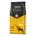 Packaging for Fitmin Horse Junior supplementary feed, featuring a bright yellow and dark grey design. The label identifies it as a specialized formula for young horses up to 24 months and breeding mares, highlighting icons for skeletal development, balanced composition, and the Fitmin Faktor for digestive health.