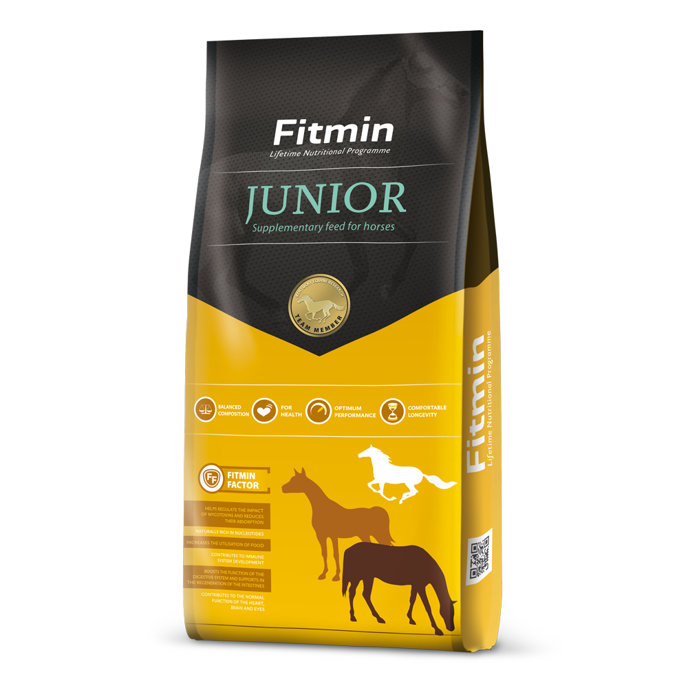 Packaging for Fitmin Horse Junior supplementary feed, featuring a bright yellow and dark grey design. The label identifies it as a specialized formula for young horses up to 24 months and breeding mares, highlighting icons for skeletal development, balanced composition, and the Fitmin Faktor for digestive health.
