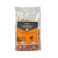 A 0.5kg clear plastic bag of Fitmin Horse Croquettes with carrot and Vitamin E. The orange and black label describes the treats as being enriched with apple fibre and Vitamin C to aid digestion and immunity for all horse categories.