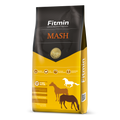 Packaging for Fitmin Horse Mash supplementary feed, featuring a warm yellow and dark grey design. The label identifies it as a premium loose-form fodder enriched with linseed and herbs for digestive and respiratory support, showcasing horse silhouettes and icons for balanced composition, health, and optimum performance.