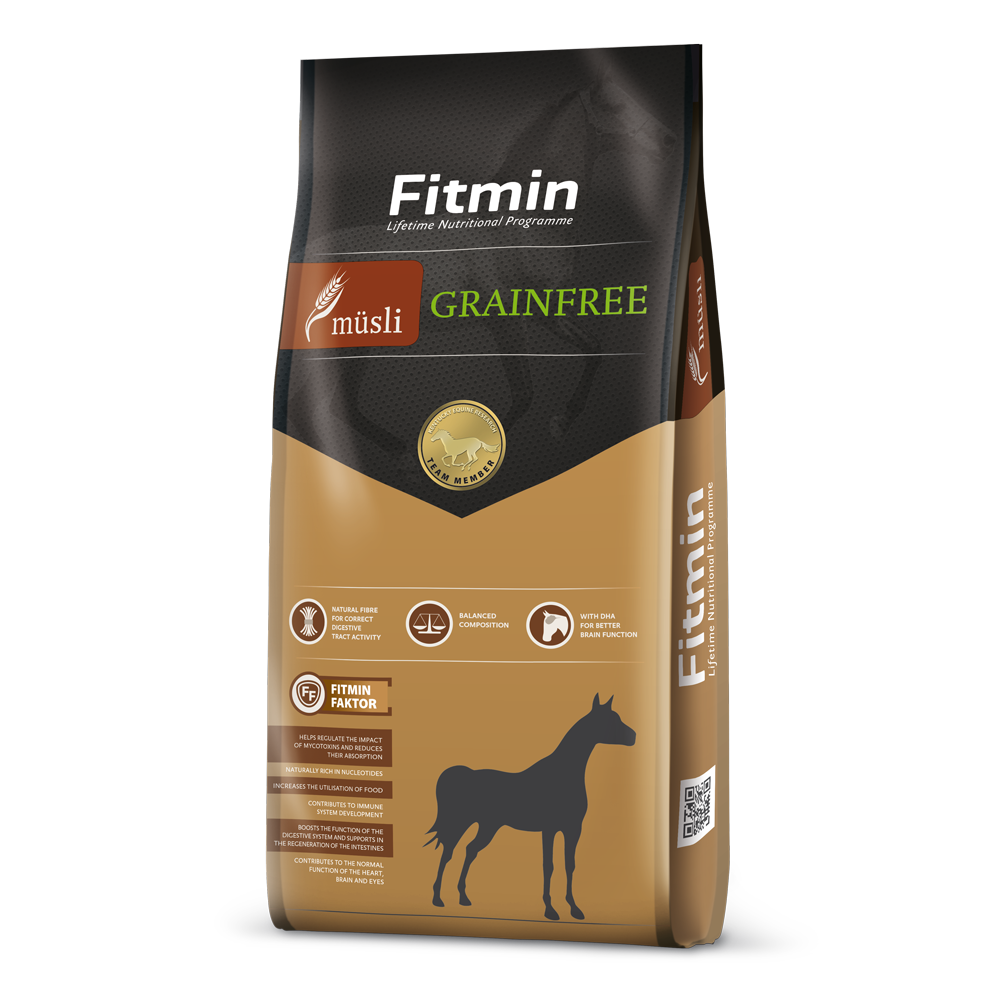 Packaging for Fitmin Horse Muesli Grainfree supplementary feed, featuring a natural tan and dark grey design. The label highlights a cereal-free, low-starch formula rich in natural fibre for correct digestive tract activity, showcasing horse silhouettes and icons for balanced composition and DHA for brain function.
