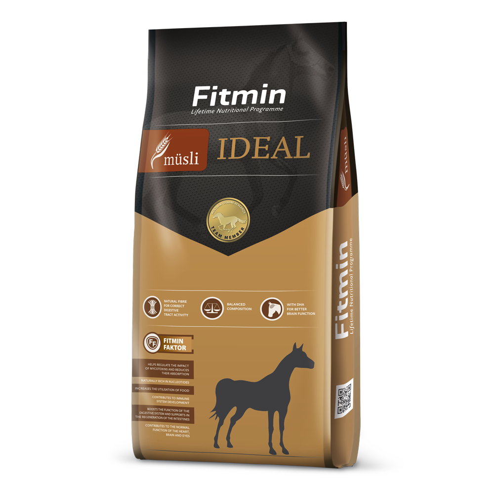 Packaging for Fitmin Horse Muesli Ideal, featuring a tan and dark grey design. The label highlights a balanced composition with natural fibre for digestive health and DHA for brain function, specifically formulated as an oat-free muesli for leisure horses and those in light training.