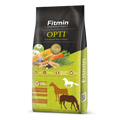 Packaging for Fitmin Horse Opti supplementary feed, featuring a lime green and dark grey design. The label highlights an "Oat-Free" balanced composition with high-quality protein for muscle development, showcasing horse silhouettes and icons for natural fibre, digestive activity, and overall health.