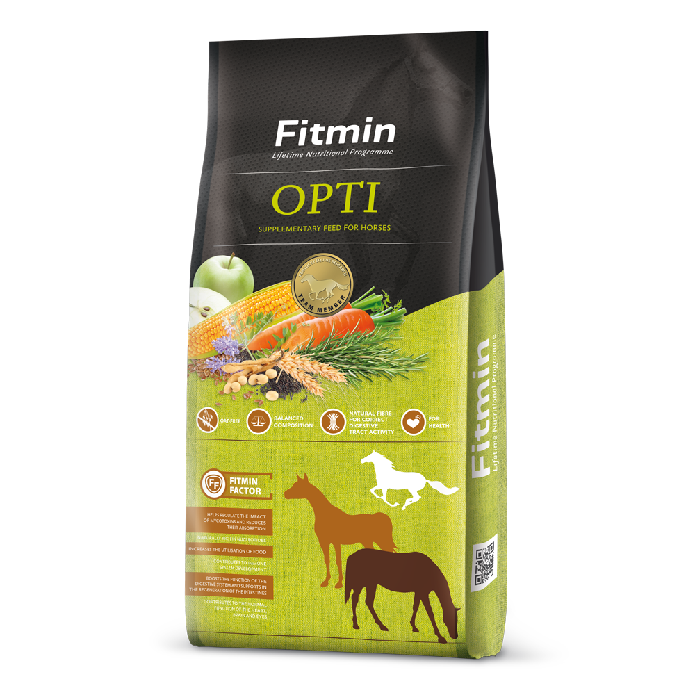 Packaging for Fitmin Horse Opti supplementary feed, featuring a lime green and dark grey design. The label highlights an "Oat-Free" balanced composition with high-quality protein for muscle development, showcasing horse silhouettes and icons for natural fibre, digestive activity, and overall health.