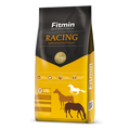 Packaging for Fitmin Horse Racing granulated supplementary feed, featuring a bold yellow and dark grey design. The label highlights it as a high-performance formula for horses in intense training and competition, featuring horse silhouettes and icons for balanced composition, optimum performance, and the Fitmin Faktor for digestive support.