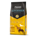 Packaging for Fitmin Horse Reformer supplementary feed, featuring a sky blue and dark grey design on a yellow bag. The label identifies it as an oat-free granulated mix for muscle mass development and physical condition, showcasing horse silhouettes and icons for balanced composition, health, and optimum performance.