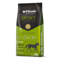 Packaging for Fitmin Horse Sport granulated supplementary feed, featuring a lime green and dark grey design. The 25kg bag specifies it is for horses in light to medium training (though the formula supports high workloads), highlighting chelated minerals, the Fitmin Faktor for digestive health, and the inclusion of Yucca to help cleanse the body.
