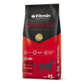 A 25kg bag of Fitmin Horse Training granulated feed, featuring a vibrant red and dark grey design. The packaging specifies it is an "Oat-Free" formula for horses in medium to intensive training, highlighting chelated minerals, the Fitmin Faktor for digestive health, and a specialized complex of antioxidants to protect cells against free radicals.