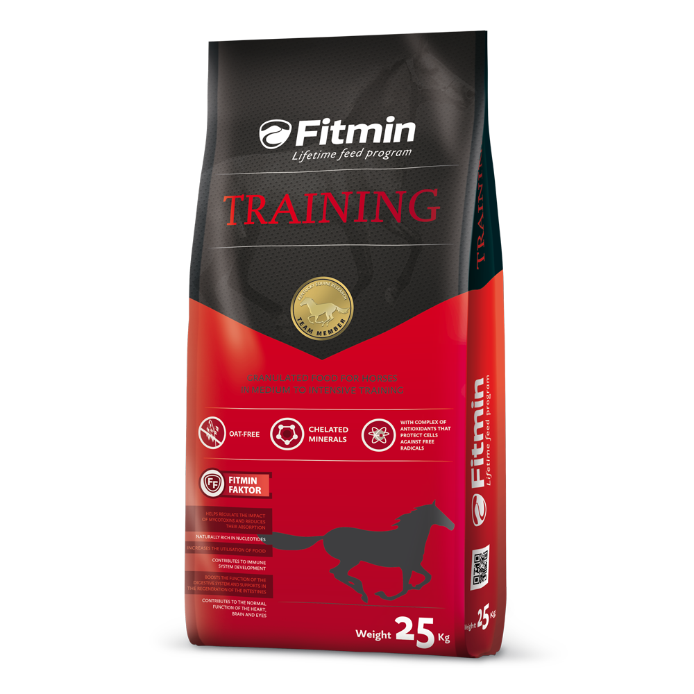 A 25kg bag of Fitmin Horse Training granulated feed, featuring a vibrant red and dark grey design. The packaging specifies it is an "Oat-Free" formula for horses in medium to intensive training, highlighting chelated minerals, the Fitmin Faktor for digestive health, and a specialized complex of antioxidants to protect cells against free radicals.