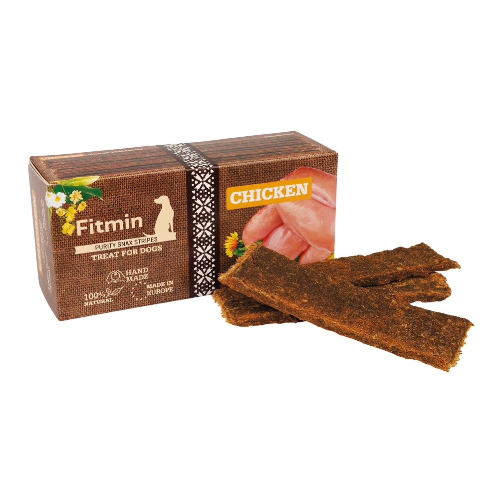 Fitmin Purity Snax Stripes Chicken 120g packaging highlighting 76% fresh meat and artisanal handmade quality.