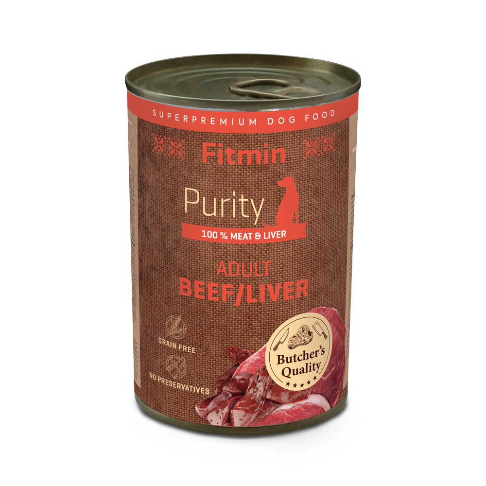 Fitmin Purity Dog Tin Adult Beef with Liver 400g - 100% Pure Canned Meat Formula with Zero Additives.
