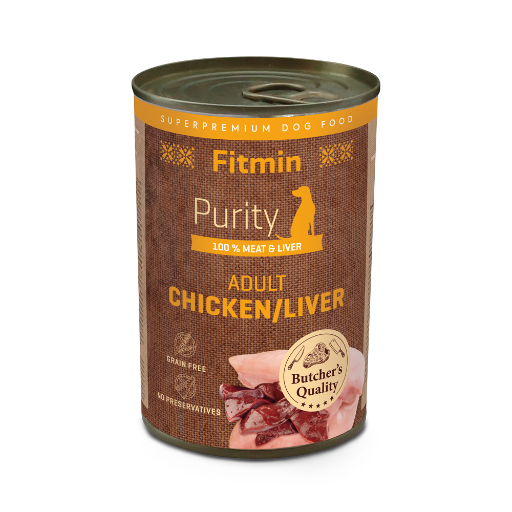Fitmin Purity Dog Tin Adult Chicken with Liver 400g - 100% Pure Canned Meat Formula with Zero Additives.