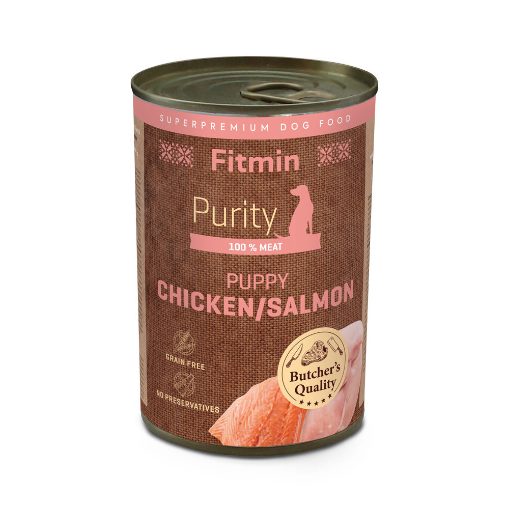 Fitmin Purity Dog Tin Puppy Salmon with Chicken 400g - 100% Pure Canned Meat Formula with Zero Additives.