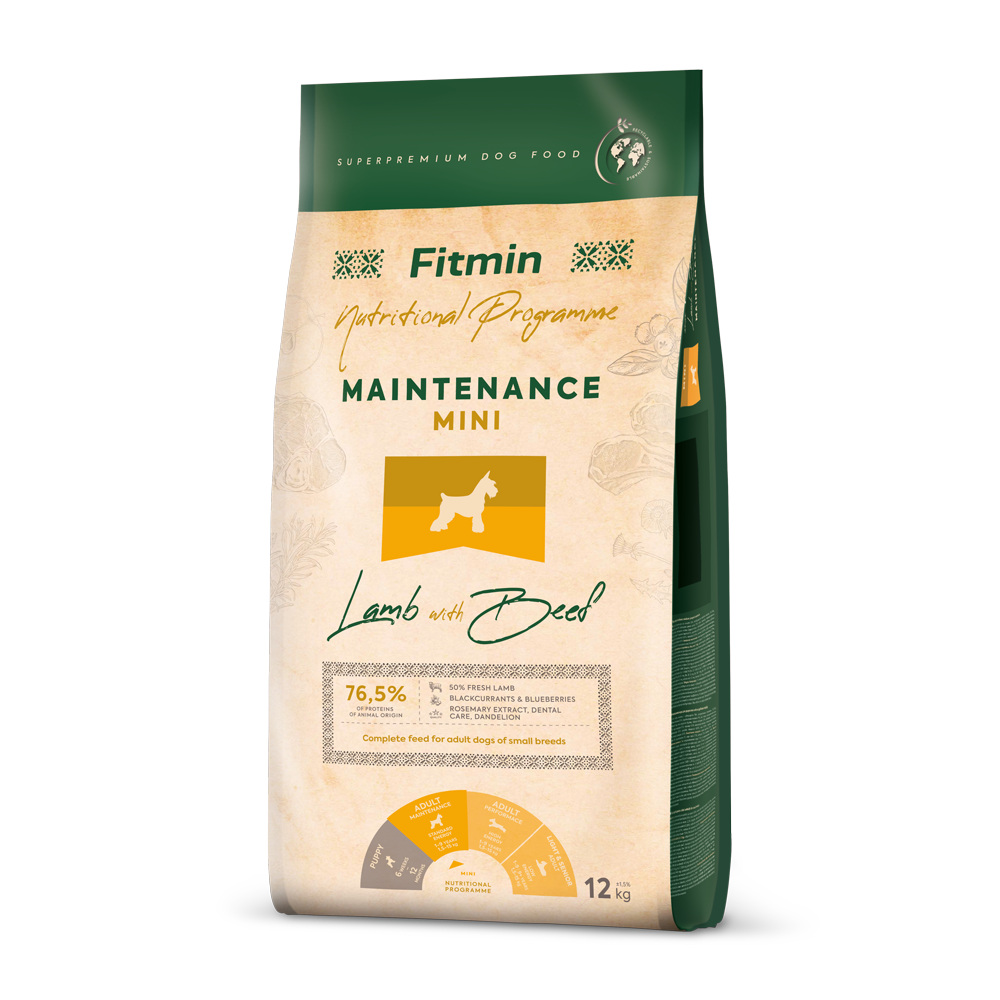 Fitmin Dog Mini Maintenance Lamb with Beef 12kg - Poultry-free and corn-free recipe.