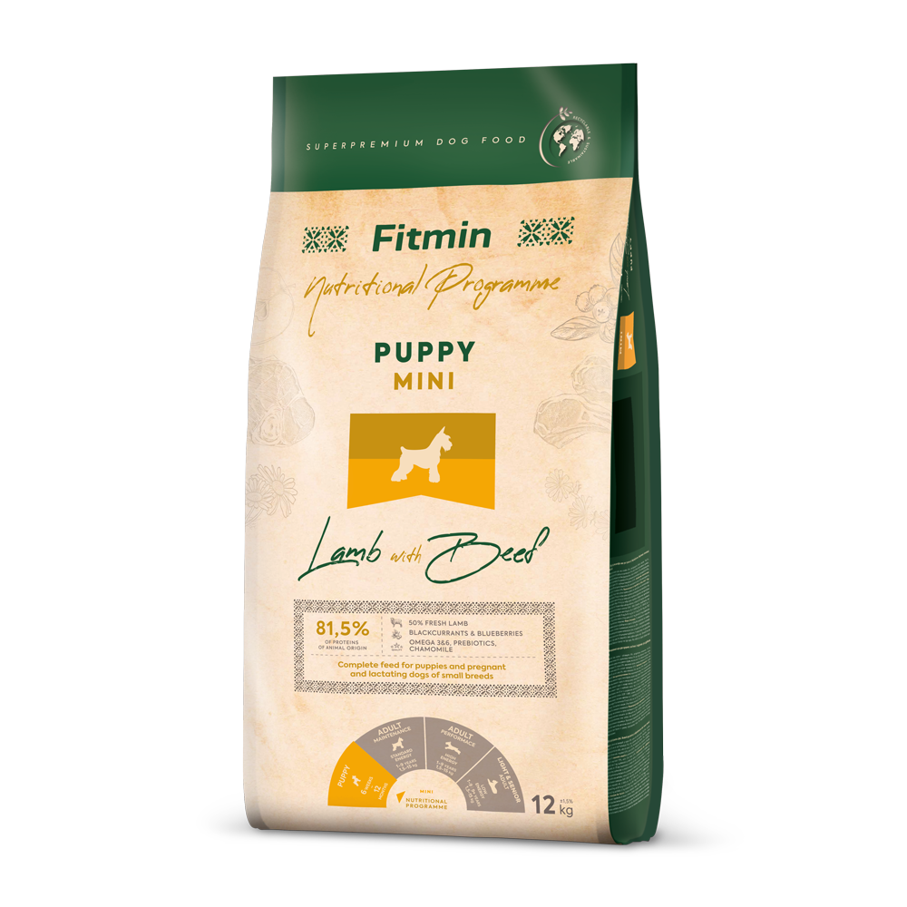 Fitmin Dog Mini Puppy Lamb with Beef bag - Poultry-free puppy food for small breeds.